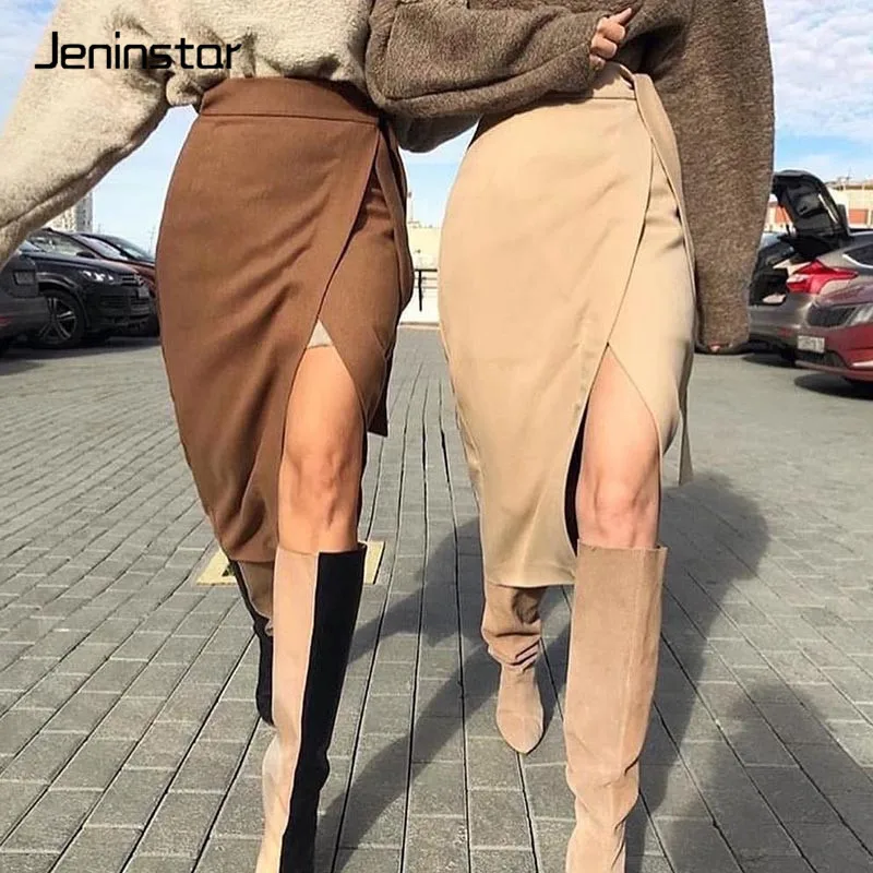 Jeninstar/женские юбки из замши с высокой талией, повседневные несимметричные официальные женские юбки, осенне-зимние юбки с разрезом