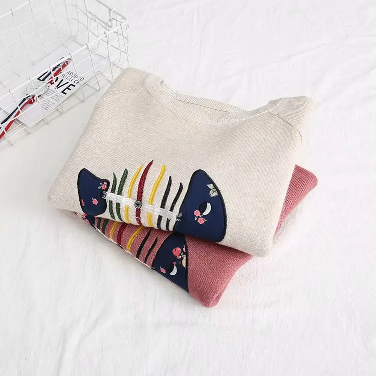 mori girl lovely fish bones embroidered patch loose long-sleeved o-neck knit sweater pullover female 55726