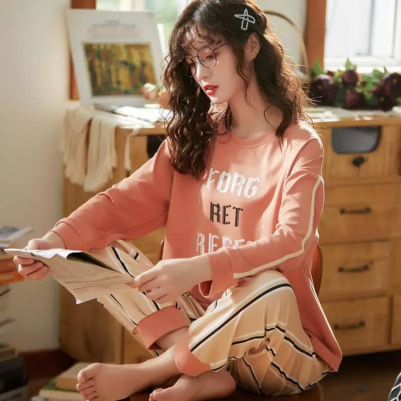 

X3936 # Black And White Lettered Pullover LZ Long Sleeve Korean-style Sweet Pajamas Tracksuit Piece Series