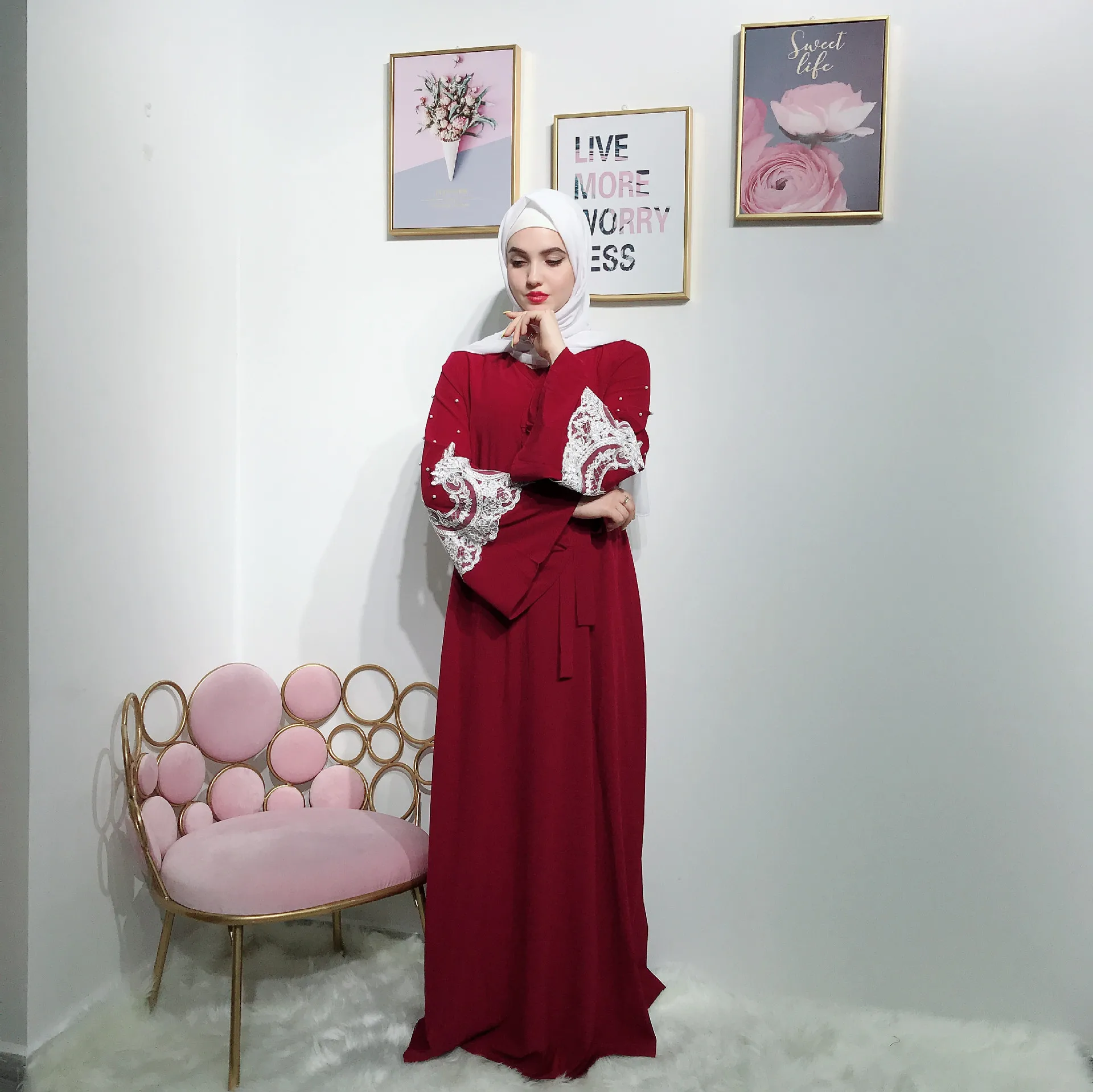 Elegnat Вышивка мусульманское abaya Бисероплетение Макси длинное платье, Роба платья кимоно Рамадан Eid Исламская, молитвенная одежда поклонение кафтан
