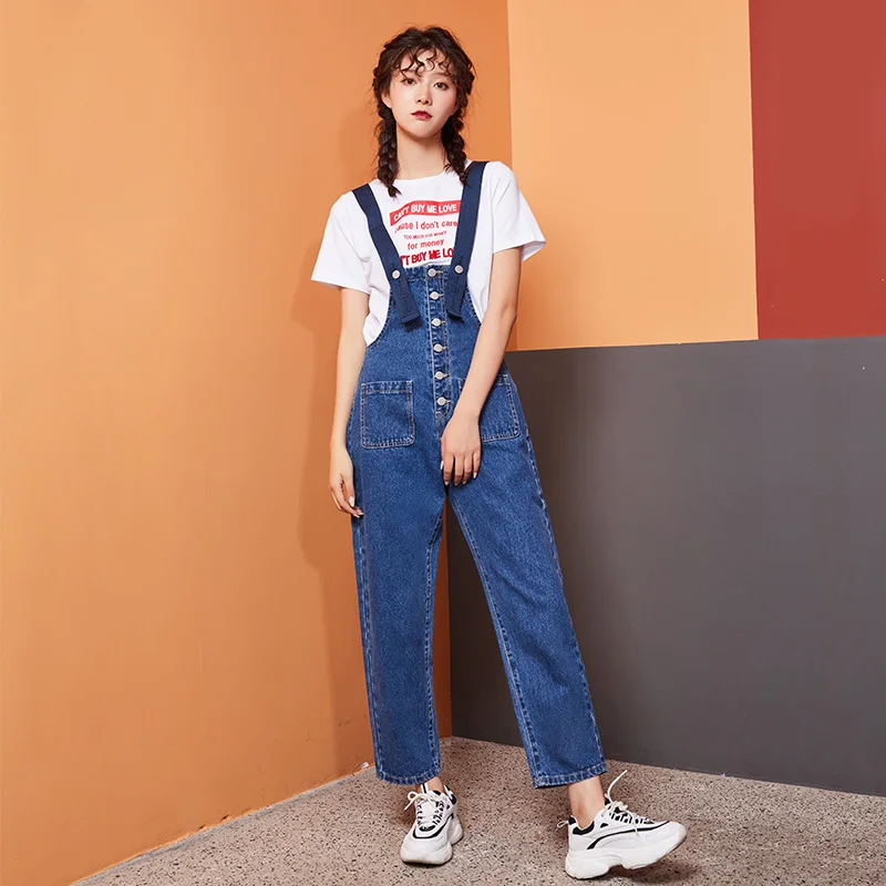 Женские молодежные джинсы-капри LEIJIJEANS, стильные темно-синие свободные джинсы с лямками, повседневная модель 9145 большого размера - Цвет: blue 9145