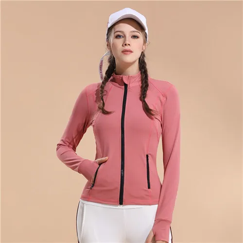 W6028 Pink Для женщин куртки длинный рукав, для йоги рубашки тренажерный зал Фитнес на молнии женский пиджак обучение Для женщин Спортивная куртка с отверстиями для больших пальцев - Цвет: W6028 Pink