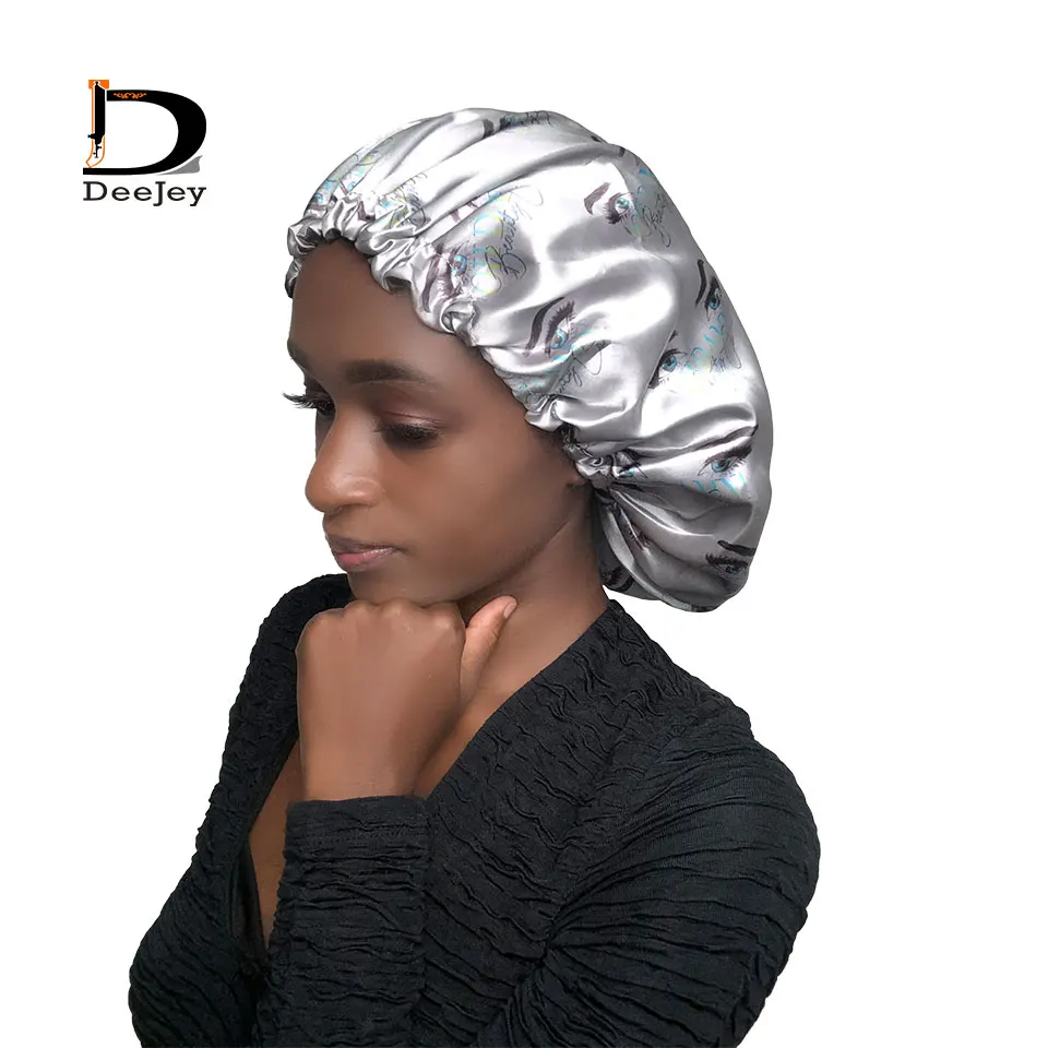 

Personalized full logo spread print 2 layer polyester satin bonnets extention wig hairs sleep cap bath caps adult size 50pcs lot