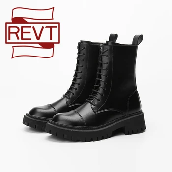 

REVT Women's Spring Autumn Boots Genuel Leather Lace Up Zipper Ankle Short Boots Falt Casual Comfortable Work Shoes Size 33-4243
