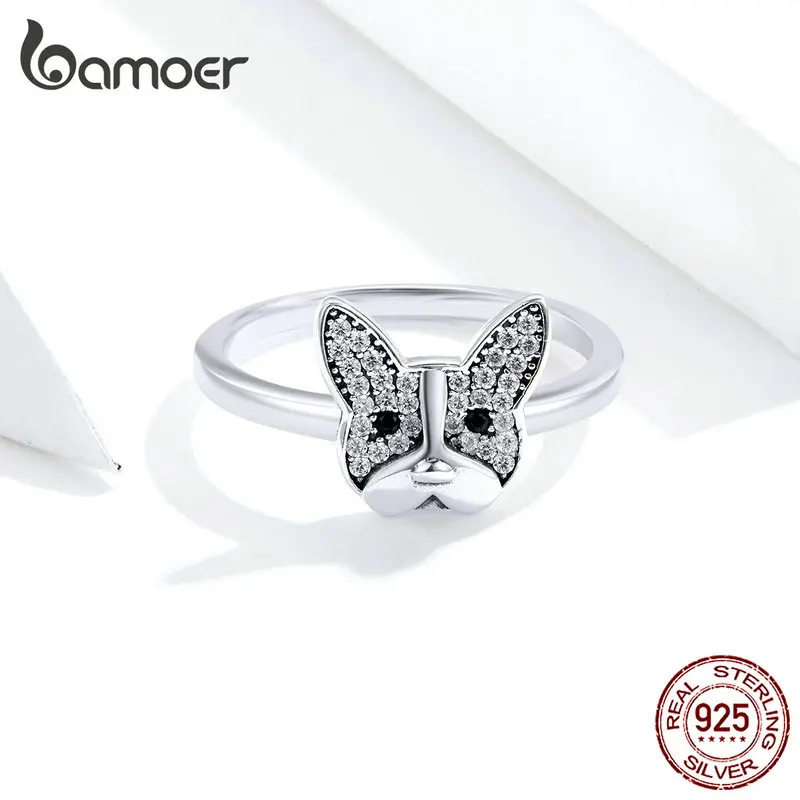Bamoer, настоящее 925 пробы, серебряное кольцо на палец с французским бульдогом для женщин, прозрачные CZ вечерние серебряные 925 ювелирные изделия SCR612