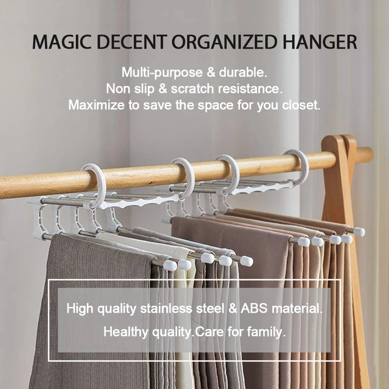 2 Pack Foldable Adjustable Pants Hangers,Hanger Space Saver for Pants Trousers Scarf Tie Belt,Multi-Layer Stainless Steel Pants