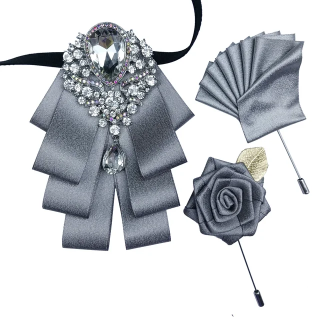 British New Fashion Men's Wedding Performance Groom Wedding-Party Flower Collar Bow Tie Pocket Towel Square Set Men Accessories SilverGraySet-WHITE2