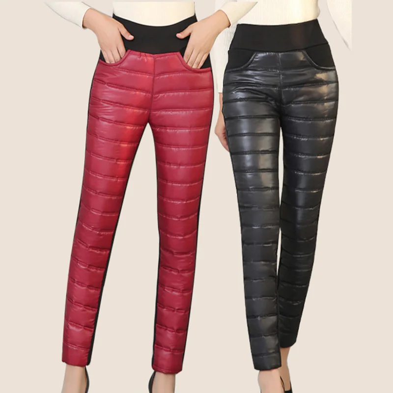 Kaufen #1923 Winter 80% Ente Unten Hosen Frauen Warme Verdickung Elastische Hohe Taille Warme Plus Größe Hosen Mittleren Alters Rot  lila Schwarz