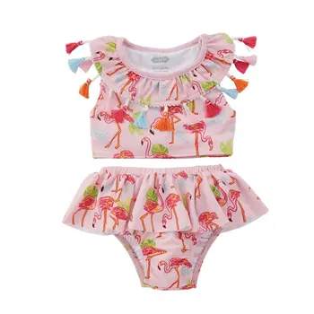 

Summer Kids Baby Girls Sets Swimwear Flamingo Print Swimsuit Tassel Ruffles Sleeve Shirts Tops+Shorts Toddler Swimwear