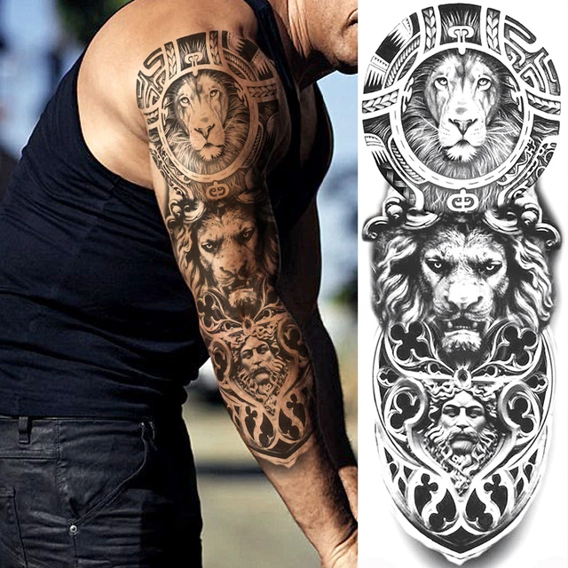 Illustration Lion Totem Temporary Tattoos For Men Women Body Art Full Arm Sleeve Tatoo Armband Waterproof Fake Tattoo Stickers Temporary Tattoos Aliexpress