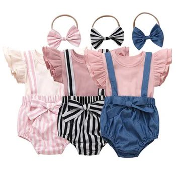 

2020 ins Baby Fly Sleeve T-shirt And Striped Denim PP Short Pants with Bow Headbands Summer Clothes Set Wholesale