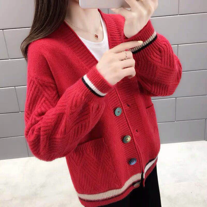 red H han queen Single-breasted Jacket Knitted Cardigan Sweater Women Autumn Clothing Sweater Pocket Cardigan for Female Coat - Color: red