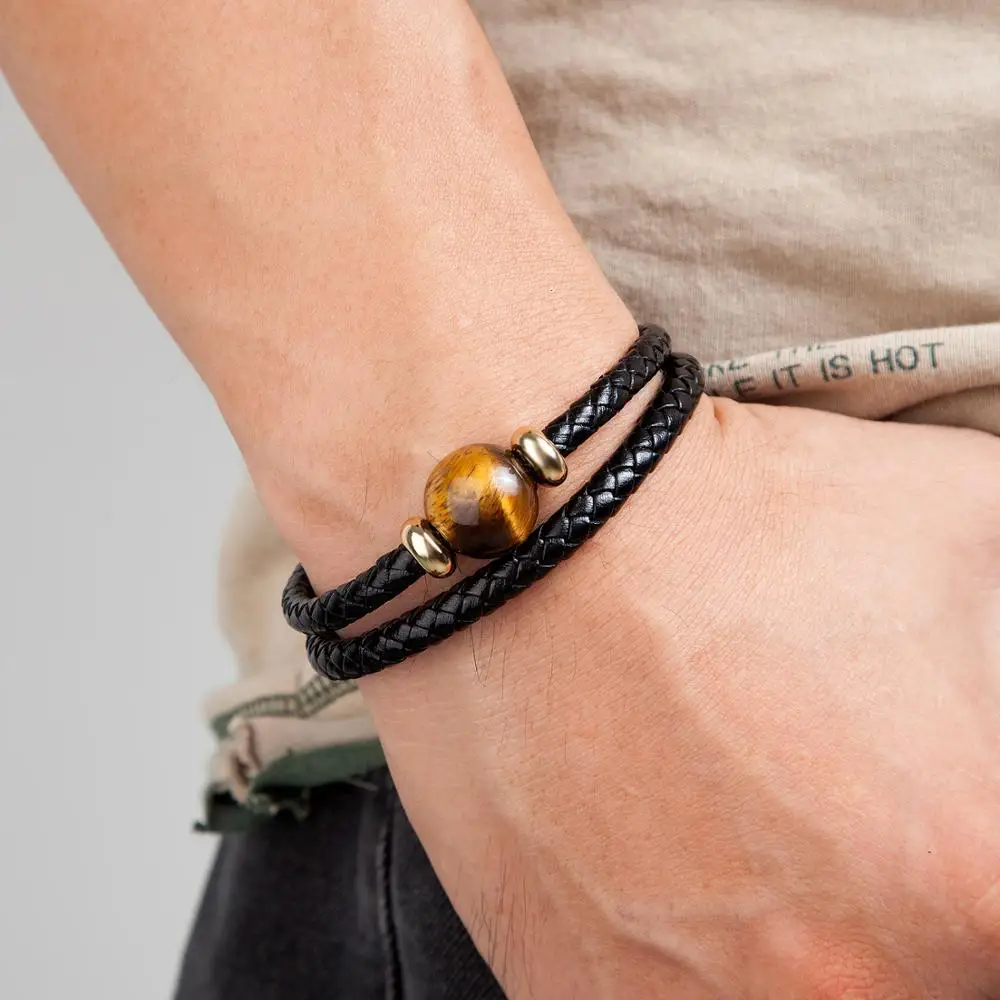 Fashion Genuine Leather Bracelets For Men Charm Stainless Steel Magnetic Bracelet Mens Jewelry Natural Tiger Eye Stone Pulseras