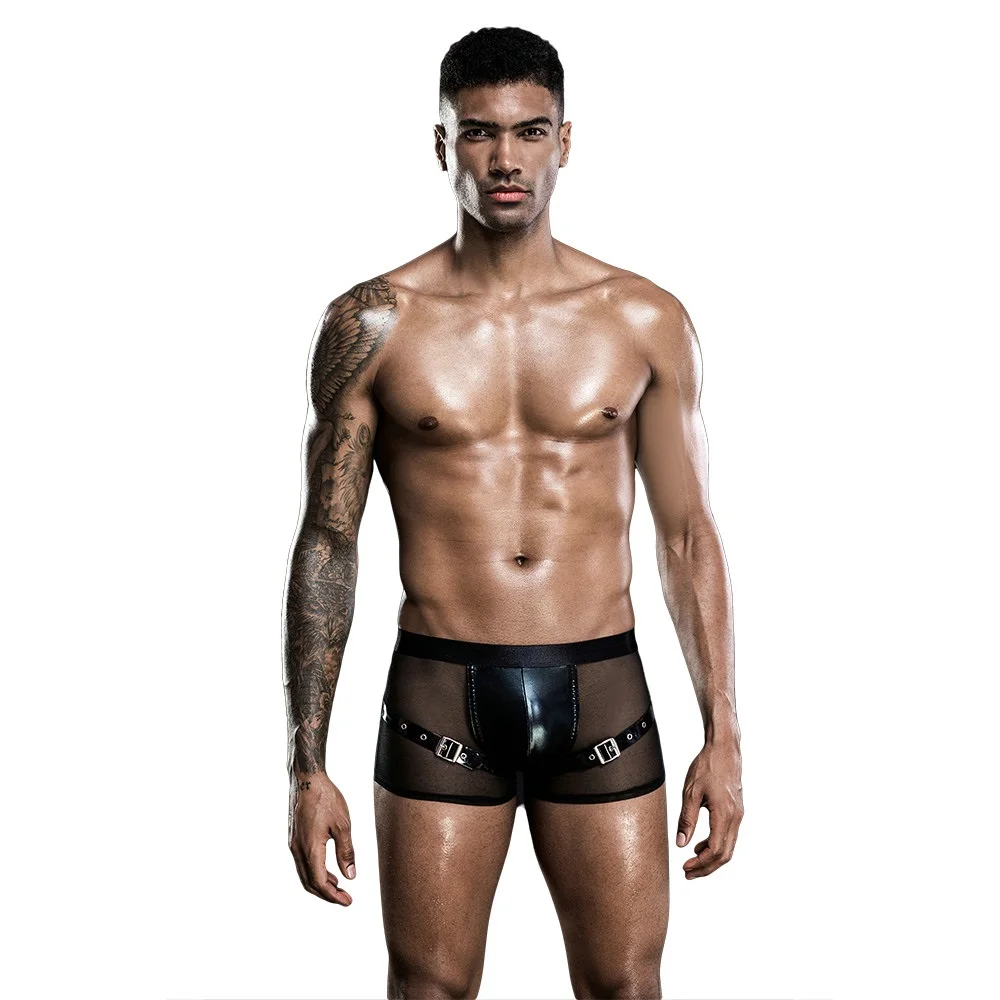 

JSY Men Leather Boxer Lingerie PU Wetlook Vinyl Boxer Shorts Trunks Black Hollow Out Mesh Buckles Underwear Low Waist Underpants