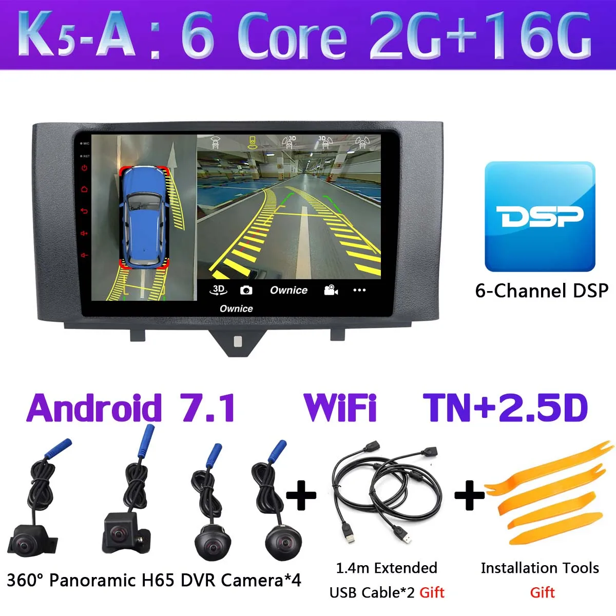 360°4×AHD камера Android 9,0 4G+ 64G gps радио CarPlay SPDIF DSP Автомобильный мультимедийный плеер для Mercedes Benz Smart Fortwo 2011 - Цвет: K5-A