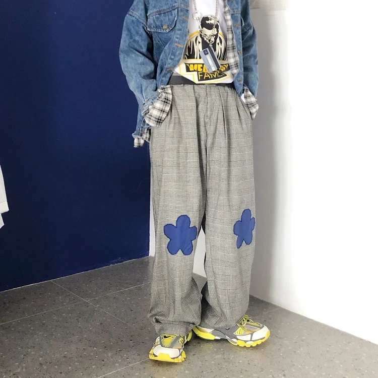 Gaganight Винтаж плед Harajuku для женщин широкие брюки цветок японский стиль прямые повседневные брюки для девочек Прохладный уличная хип хоп - Цвет: Plaid Pants