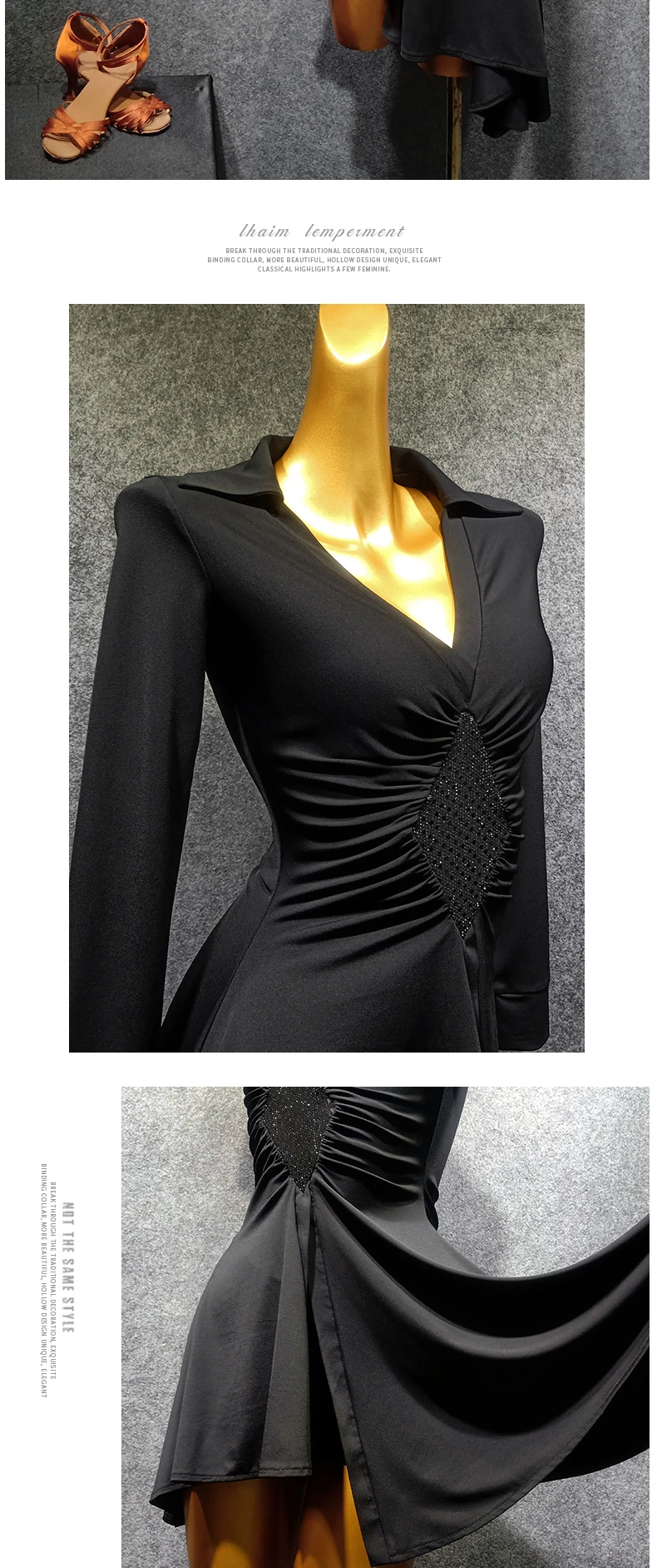 New Latin Dance Long Sleeve Dress Black Lapel Dance Dress ChaCha Rumba Tango Dress Dance Wear Competition Costume VDB1073