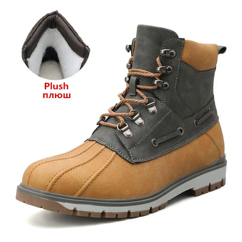 Brand Winter Men's Boots Thick Plush Warm Snow Boots Lace-UP Men Ankle Boots Outdoor Waterproof Men's Motorcycle Boots 38-47 - Цвет: Plush Yellow Brown