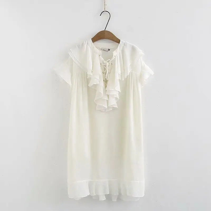 

CHIC Non-mainstream Chiffon Fairy Skirt Women's 2019 Spring Clothing New Style V-neck Eyelet Lace-up Lace Loose-Fit Skirt