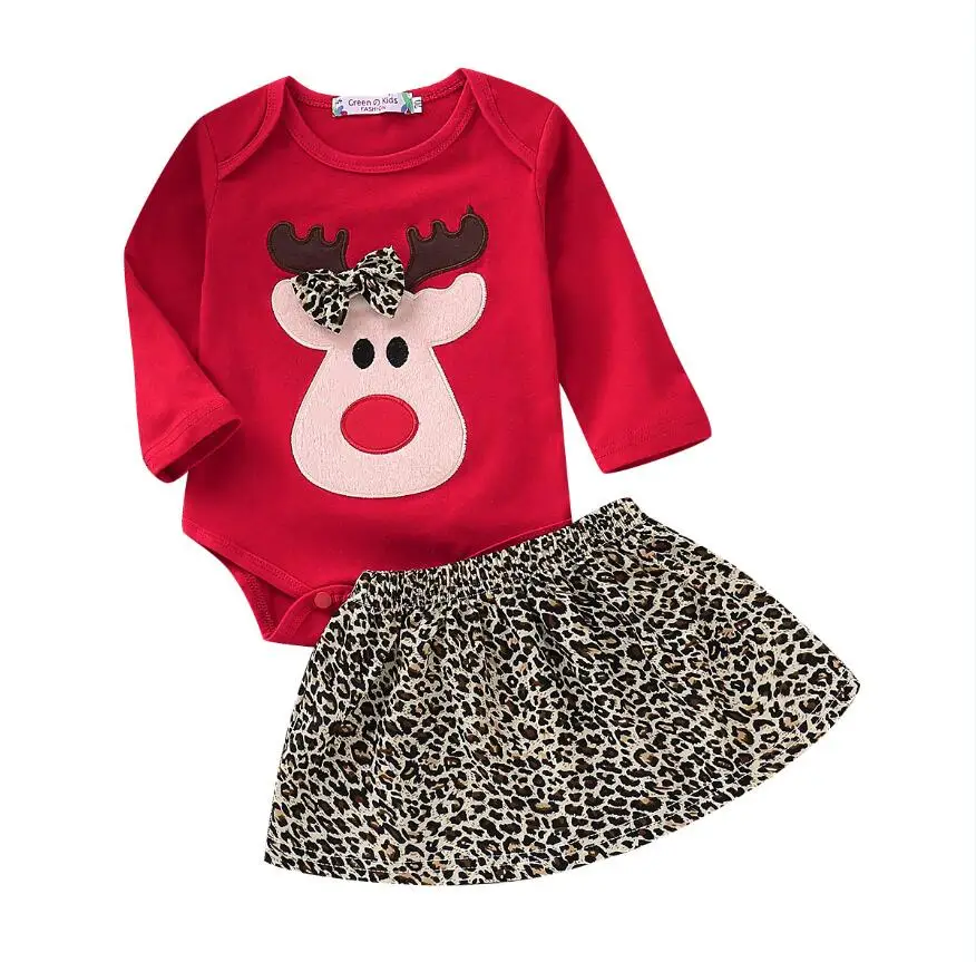 

Pudcoco 2019 Autumn Christmas Newborn Baby Girl Bowknot Deer Romper Leopard Skirt Xmas Holiday Set Clothes