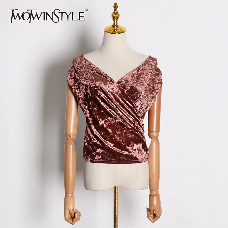 TWOTWINSTYLE элегантная бархатная Асимметричная женская футболка с v-образным вырезом