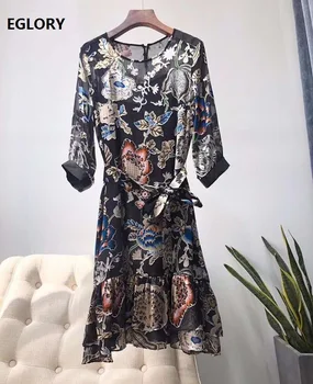 

100%Silk Dress 2020 Summer Fashion Style Women O-Neck Vintage Flower Print Half Sleeve Casual Party Sexy Club Dress Vestidos