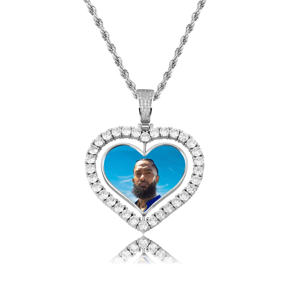 TOPGRILLZ Heart Shaped Custom Photo Spin Double Sided Medallion Pendant Necklace With 4mm Tennis Chain Zircon Hip Hop Jewelry