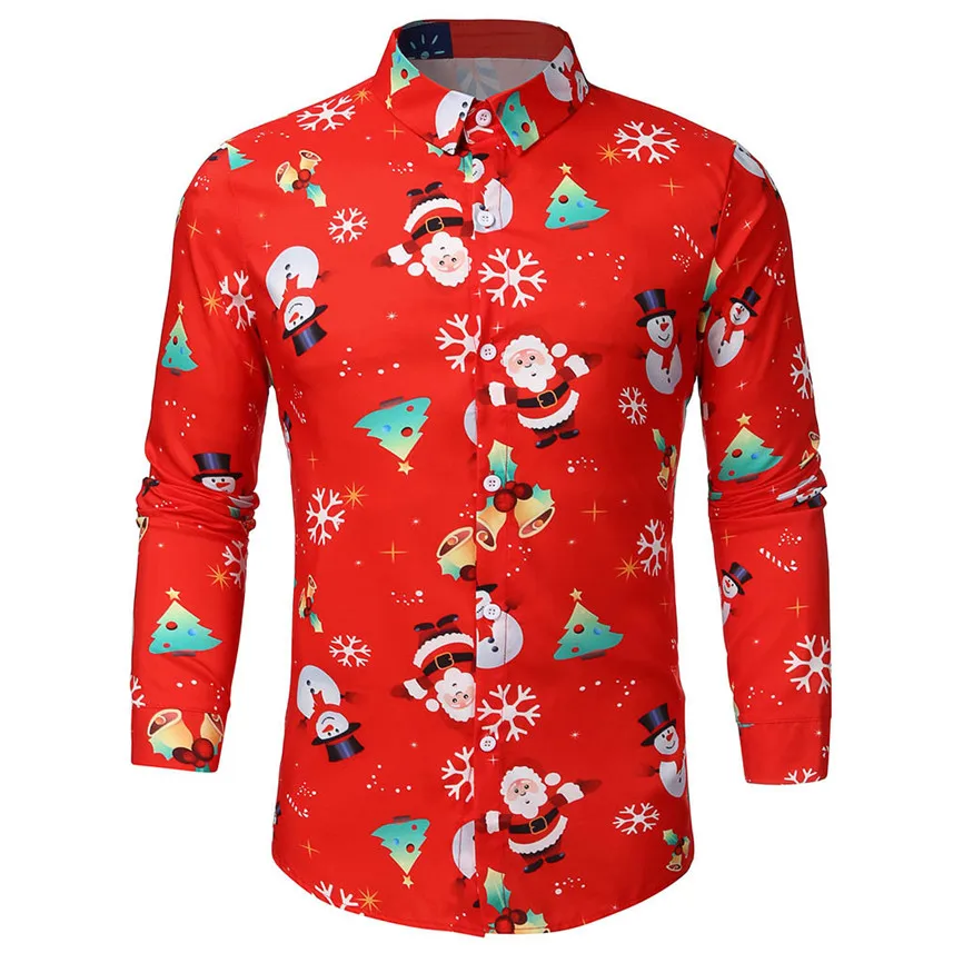 Camisa Masculina, мужская повседневная Рождественская рубашка с принтом снежинок Санты, конфет, топ, блузка, Chemise Homme Noel, мужская рубашка с длинным рукавом - Цвет: Red