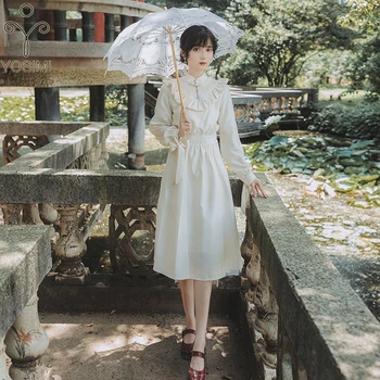 

YOSIMI 2019 Autumn Cotton Midi Women Dress Full Sleeve Vintage Female Vestidos A-line Office Lady Mid-calf Elegant Dresses Beige
