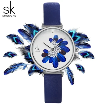 

Shengke Women Watches Top Brand Luxury Leather Strap Wristwatch for Women Blue Feather Clock Stylish Quartz Ladies Watch
