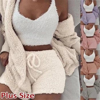 

Helisopus Women Fluffy Plush 3 Piece Set Casual Sportswear Crop Top + Mini Shorts + Long Sleeve Jacket Women Winter Warm Outfits