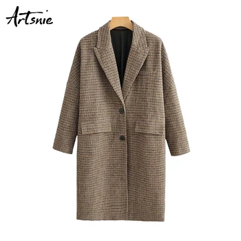 

Artsnie streetwear casual plaid winter coat women turn down collar long sleeve wool coats double pockets oversized vintage coats