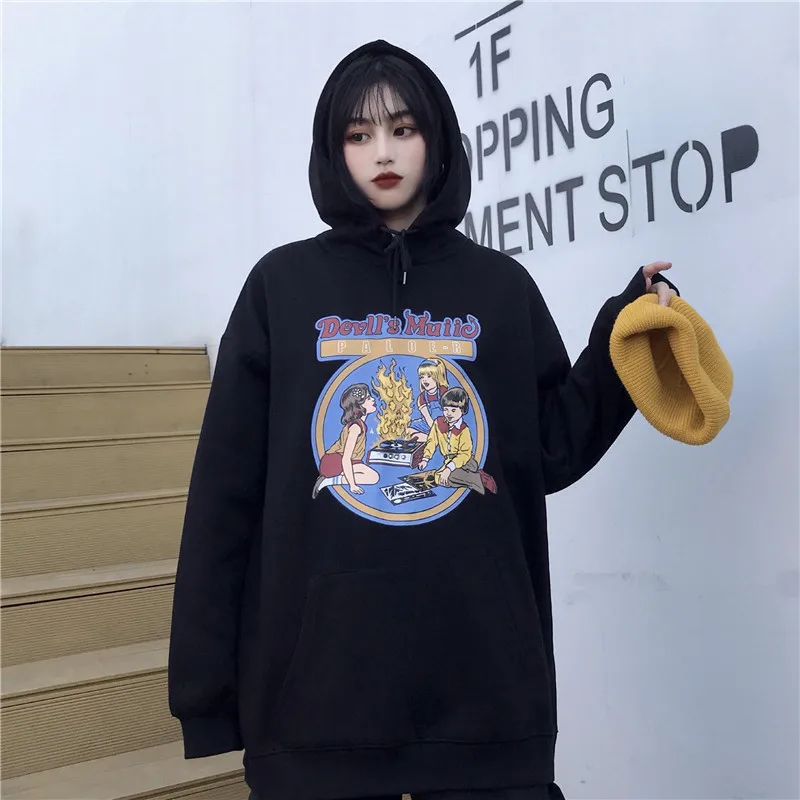 Lychee Harajuku, свободные женские флисовые толстовки с капюшоном, с изображением пламени, Женские флисовые толстовки с капюшоном, осенние женские флисовые пуловеры с капюшоном