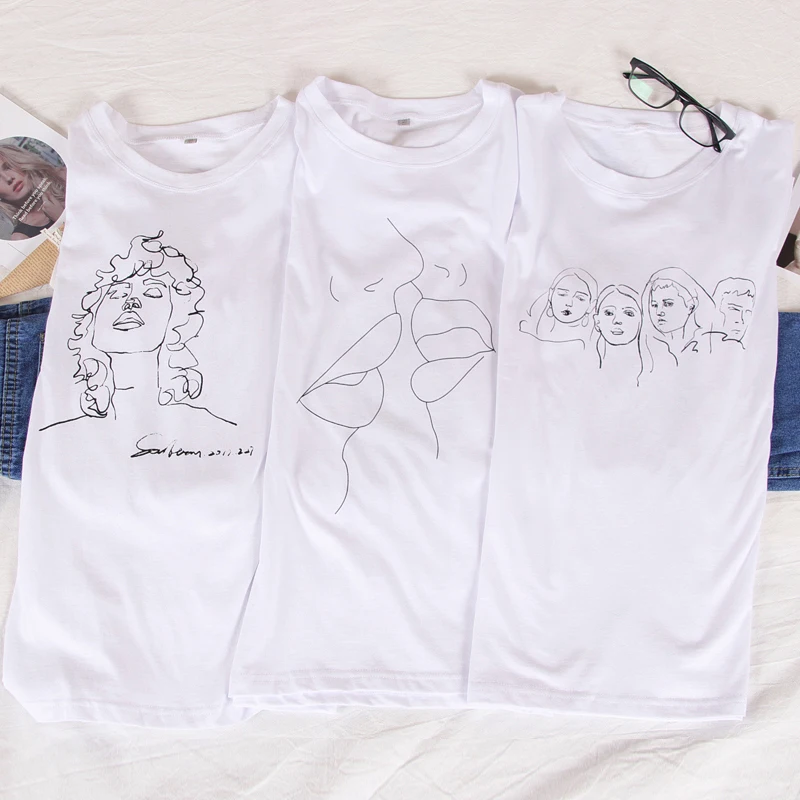 Осенняя одежда для женщин футболки 2019 Эстетическая линия печати Повседневная