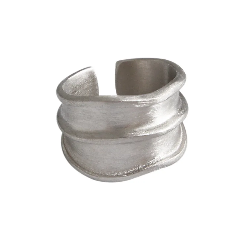 OLOEY Authentic 925 Sterling Silver Adjustable Ring Morden Wide Brushed Silver Open Rings Women Fine Party Jewelry YMR899