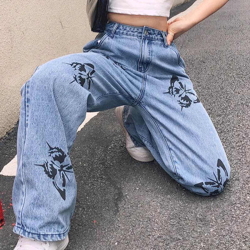 New Streetwear Vintage cyber y2k Baggy Flare Jeans Jogger Women Patchwork  Butterfly Print Denim Sweatpants Harajuku Trousers 90s|Jeans| - AliExpress