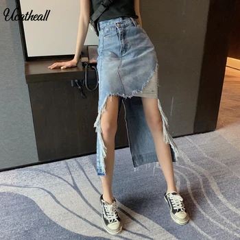 

Women Solid Casual High Waist Denim Skirts Summer High Street All-matched Irregular Jeans Skirt Split Ripped Skirt