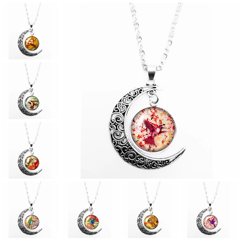 2020 New Cartoon Cute Bird and Flower Pattern Series Glass Cabochon Pendant Moon Necklace Girl Jewelry Gift | Украшения и