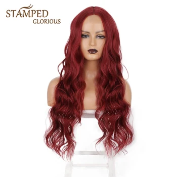 

Stamped Glorious New Design Party 26 Inch Synthetic Lace Wigs Red Long Wavy Wigs For Black Women Middle Part Cosplay Wigs