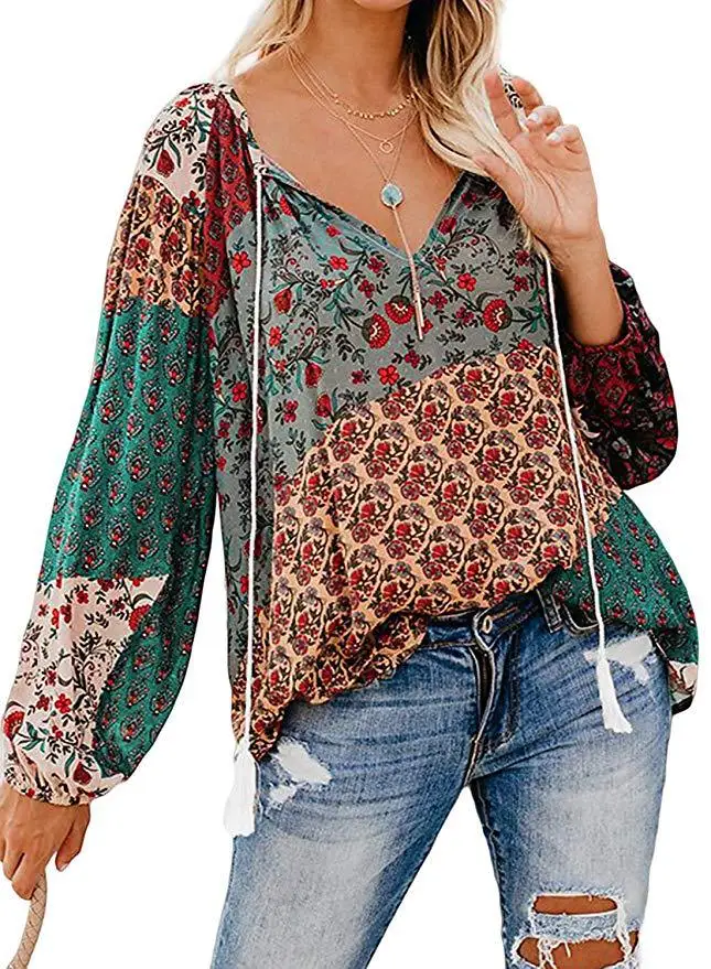 

Vintage Boho Floral Print Women Blouse Shirt Fall 2019 V Neck Patchwork Contrast Colour Drawstring Blouse Shirt Casual Loose Top