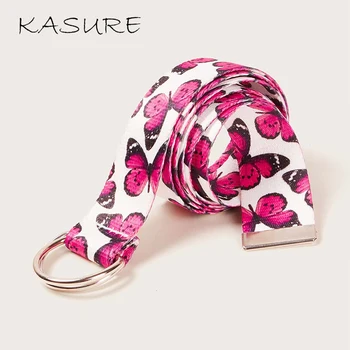 

KASURE Double D Ring Women Canvas Belt Print Flower Fashion Colorful Long Waistband Female Jeans Decoration Styling Strap Belt