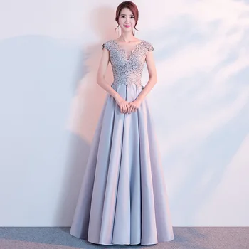 

Elegant Women Full Length Cheongsam Gray Asian Bridesmaid Slim Evening Party Gown Vestidos Sexy Backless Wedding Party Dress