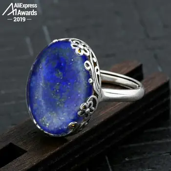 

13*18mm 6.18 Sale S925 Sterling Silver Asia Lapis Rings Exaggerated Rings Chinatown Afghanistan Retro Gemstone