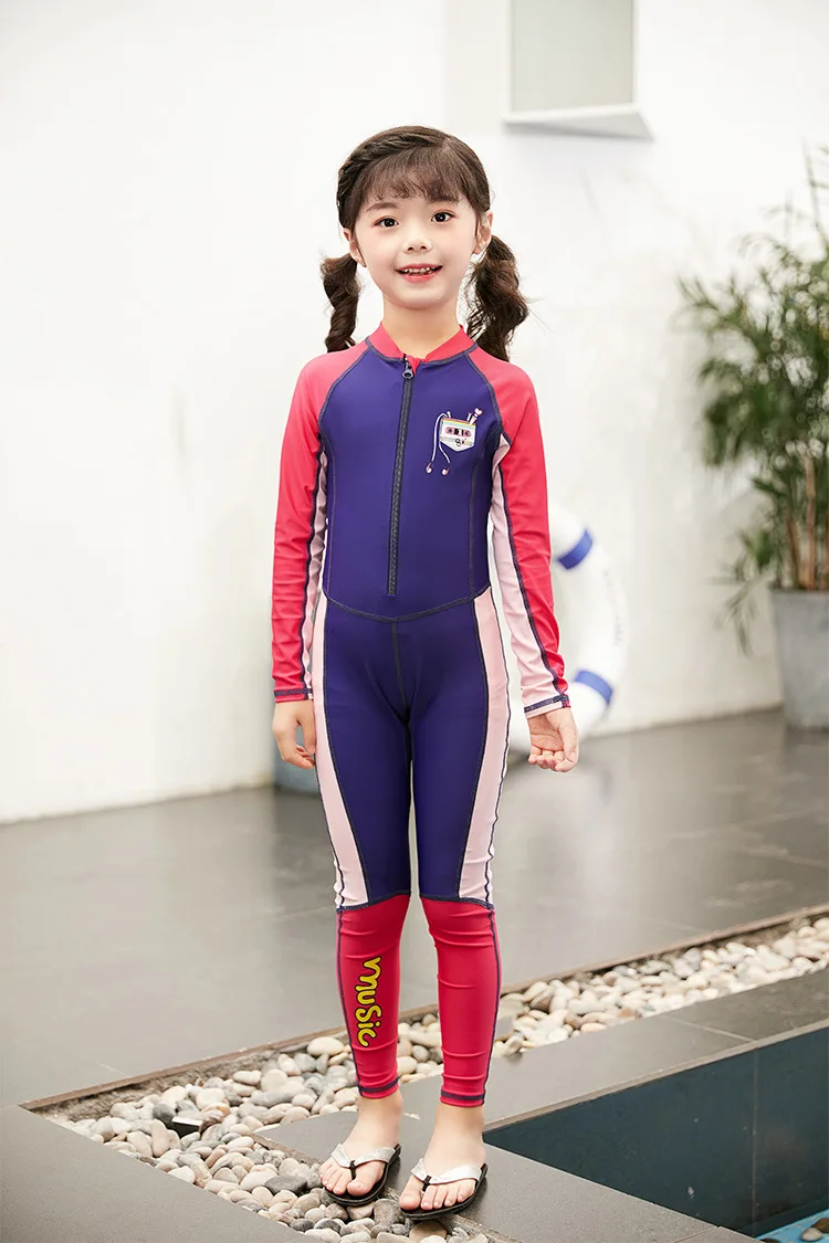 Children Wetsuit Girl Patchwork Long Sleeve Sunshade UV Protection One Piece Swimsuit Diving Suit Bathing Suit Kids Swimwear