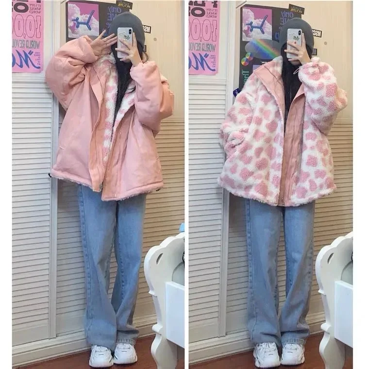 Double-sided Fuzzy Woolen Jackets Plus Size Autumn Winter Faux Fur Coat Women Cotton-padded Jacket Cow Print Outerwear Cute