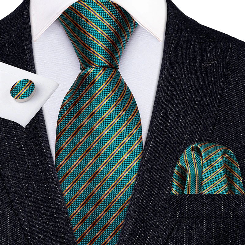 

New Fashion Luxury Green Striped 100% Silk Ties Gifts For Men Wedding Barry.Wang NeckTies Hanky Sets For Groom Business LN-5310