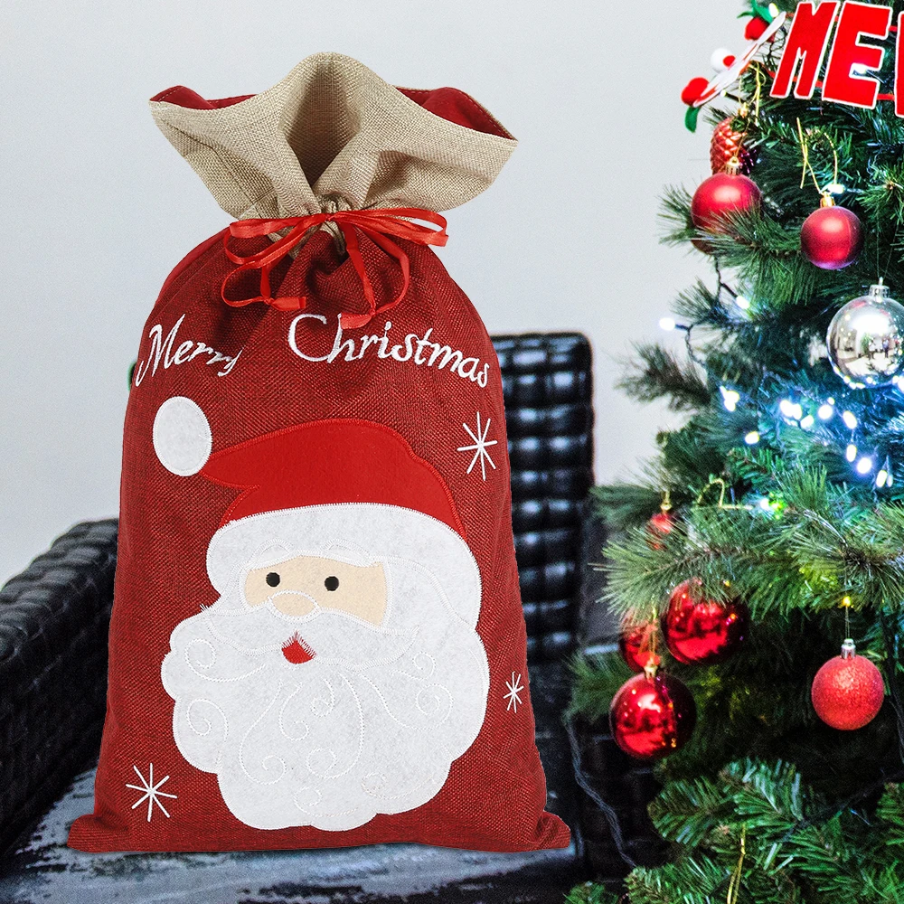 

Christmas Gift Bag Holder Linen Cartoon Santa Claus Snowman Printed Drawstring Candies Carrier Bag Christmas Decot Accessories