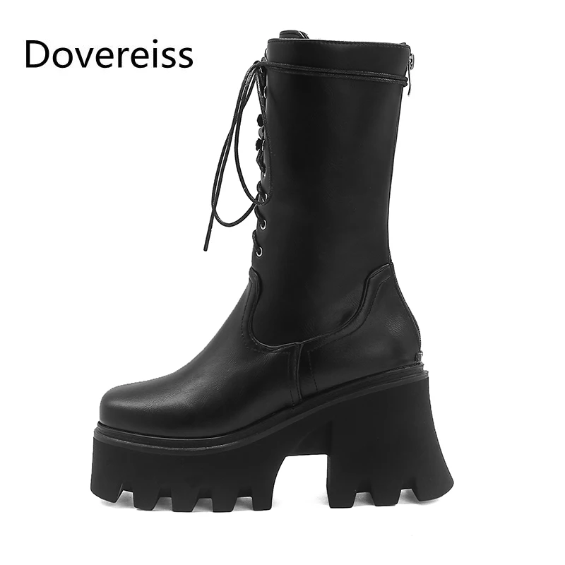 

Dovereiss Fashion Women's Shoes New Winter Sexy Cross tied Concise Zipper Waterproof Block heels Matin boots Half boots 35-44