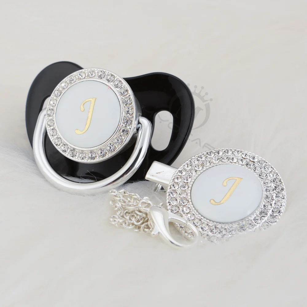 BLING silver bling pacifier and pacifier clip set name Initials letter J unique BPA free dummy bling baby shower gift LJ-1