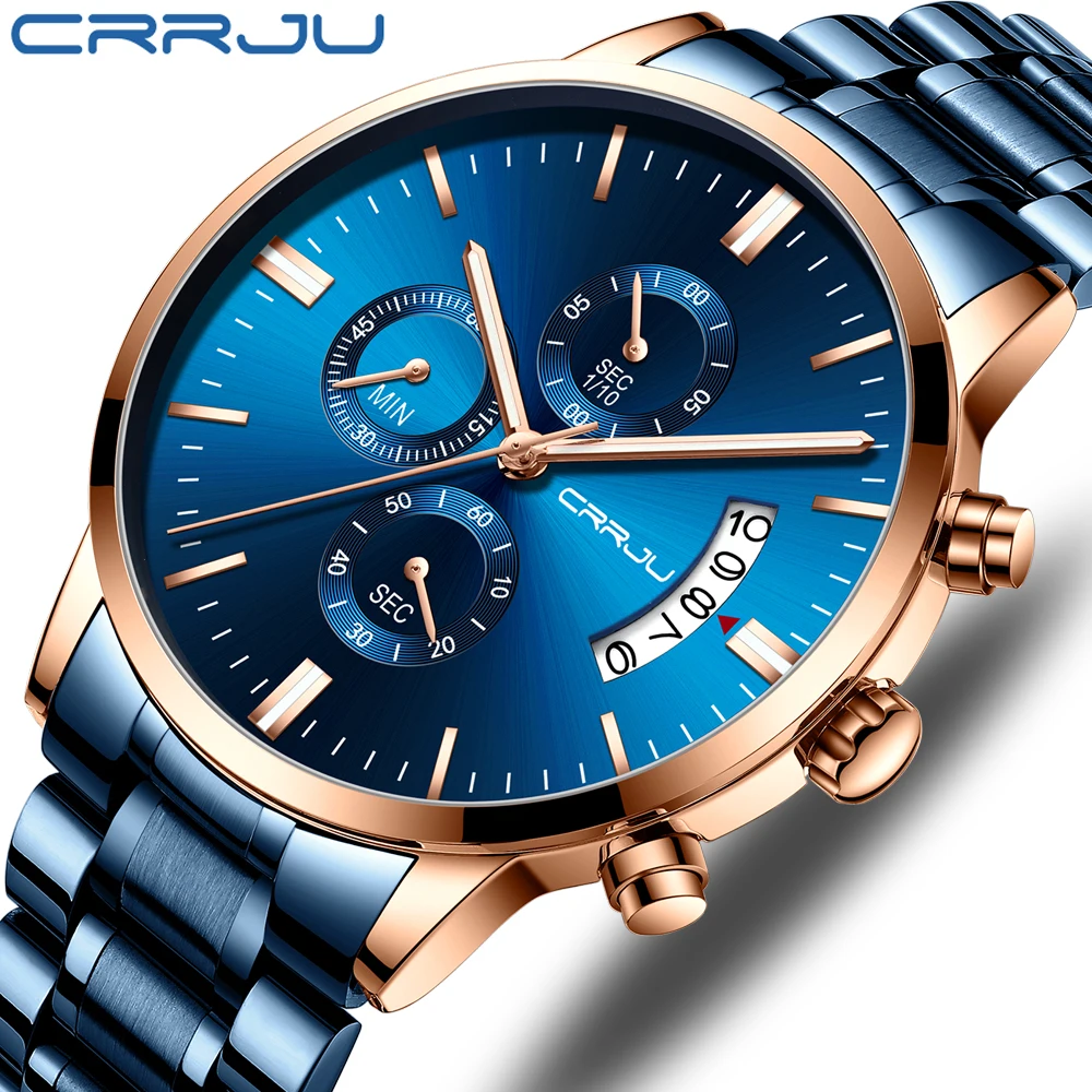 

CRRJU Sports Watches Mens 2021 Top Brand Luxury Blue Chronograph Wristwatch Fashion Stainless Steel Waterproof Quartz Watch